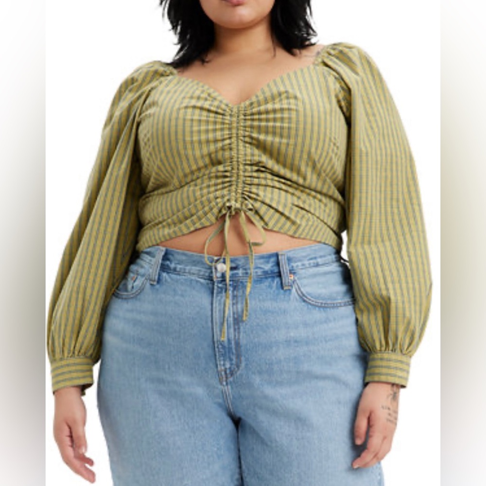 Levi's Devin Cotton Plaid Ruched Balloon-Sleeve Top, sz 2X